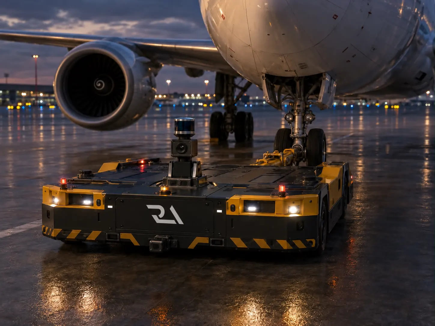 A low-profile Runway Autonomous towbarless tug cradling an aircraft's nose gear
