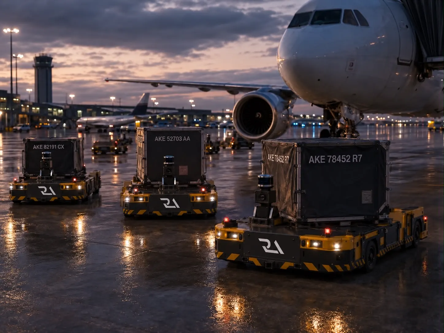 Runway Autonomous carriers moving baggage containers to an aircraft at dusk